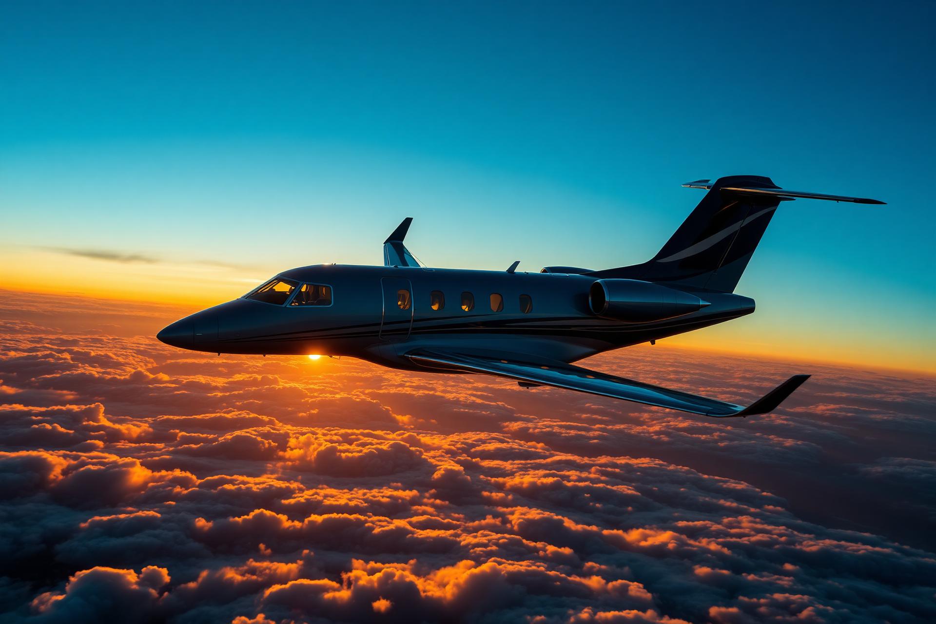 Business jet flying above clouds at sunset